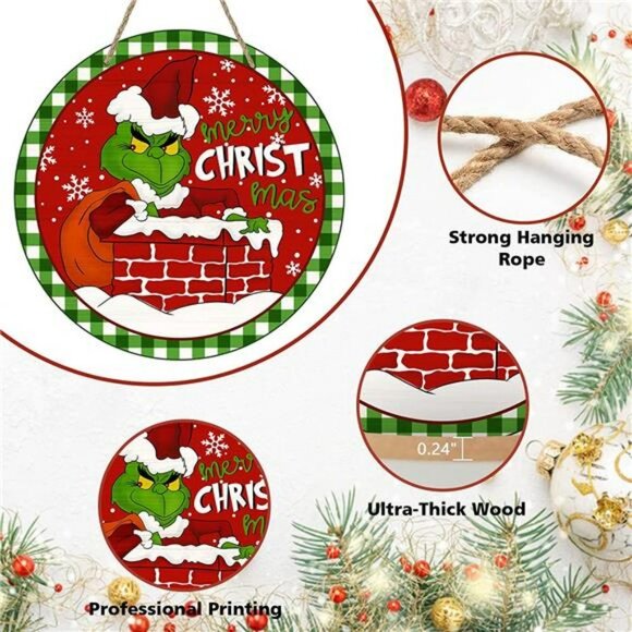 Merry Christmas Sign for Front Door Decor, Green Xmas Holiday Wood Door Hanger - Picture 2 of 7